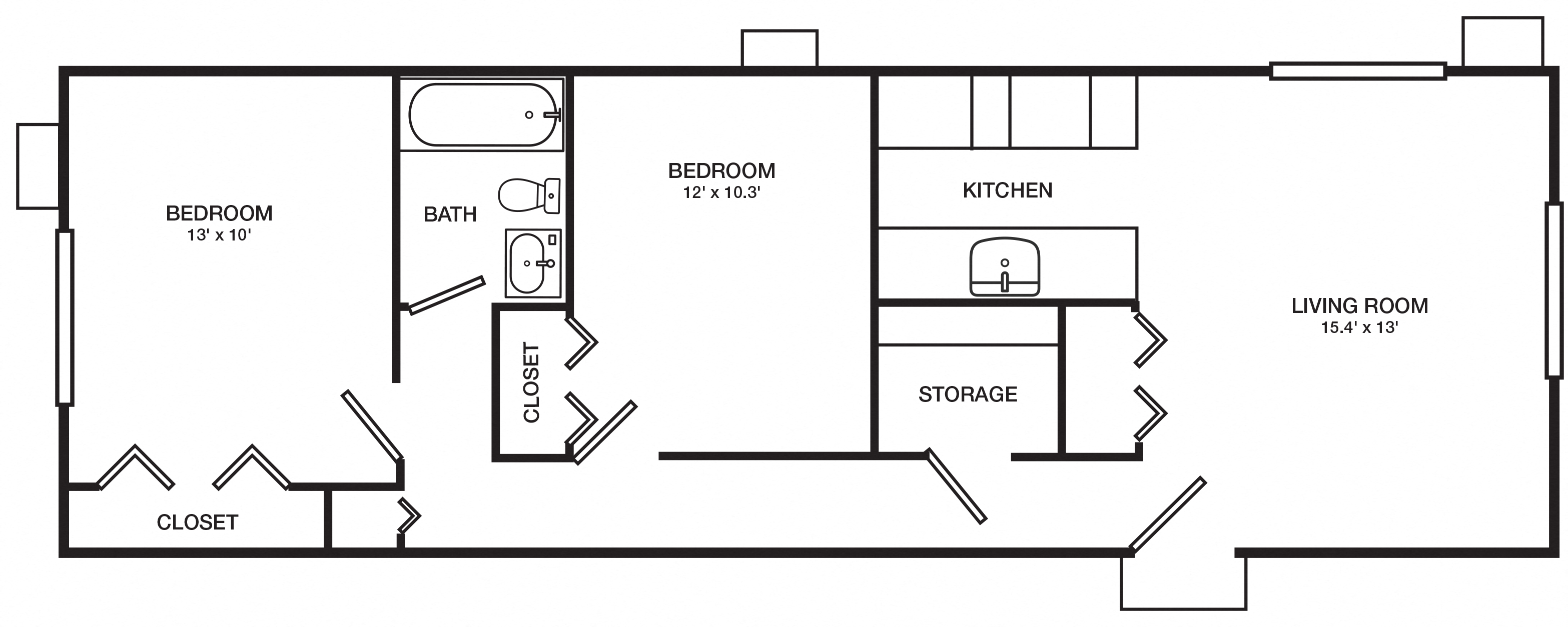 Floor plan for 2 beds, 1 bath, 752 sqft