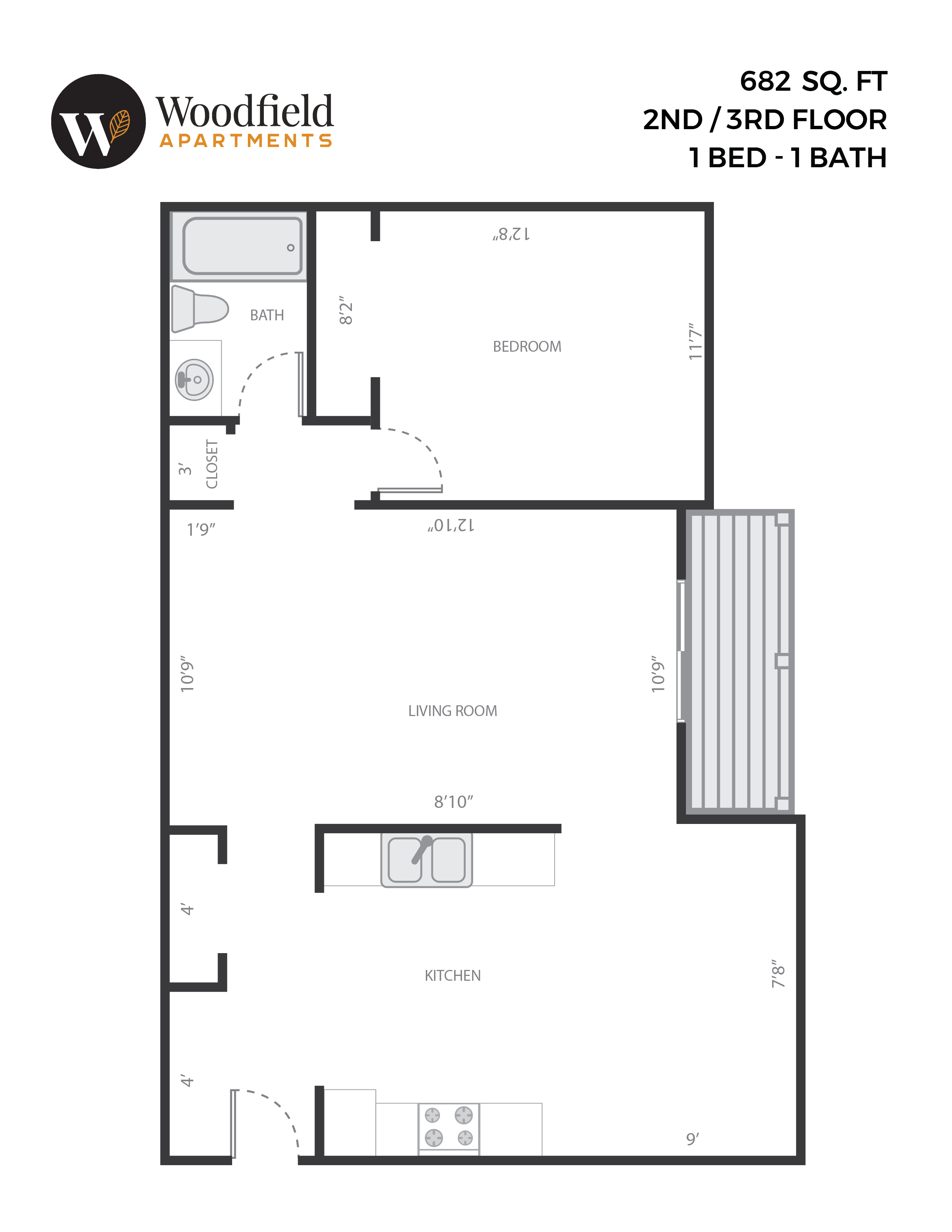 Floor plan for 1 bed, 1 bath, 682 sqft