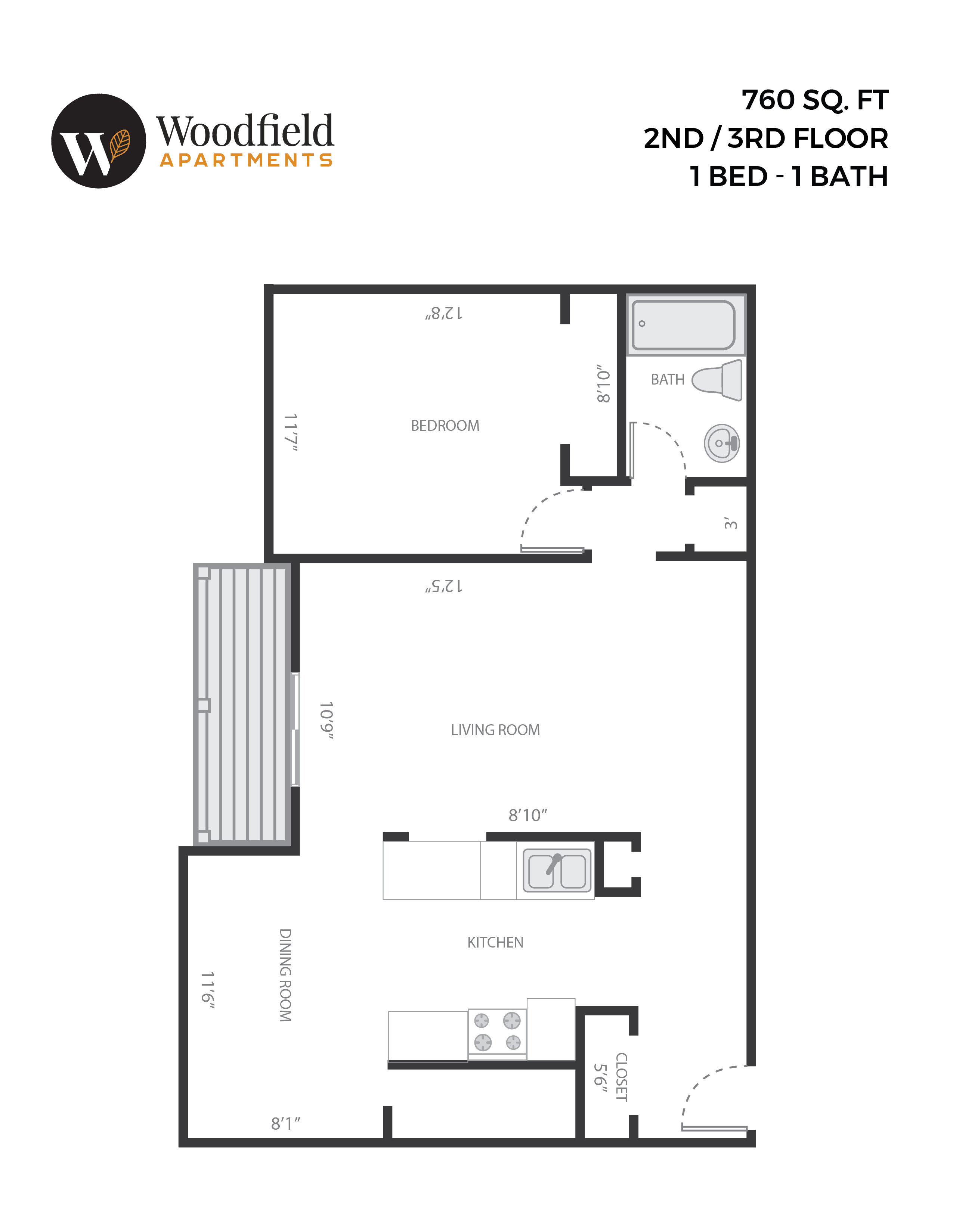 Floor plan for 1 bed, 1 bath, 760 sqft