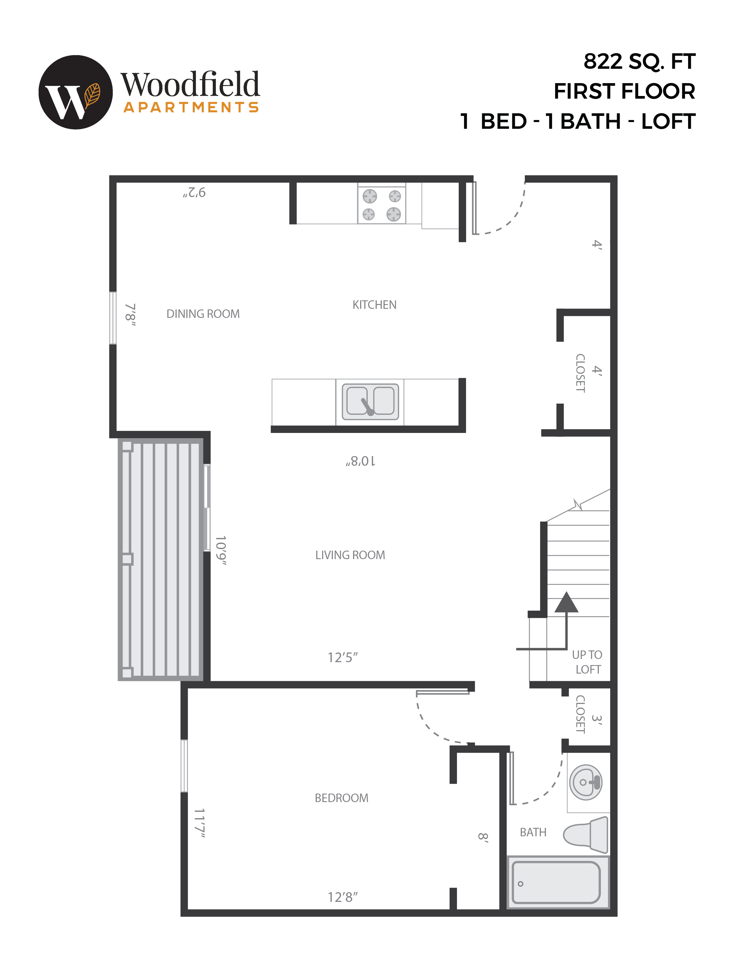 Floor plan for 1 bed, 1 bath, 822 sqft