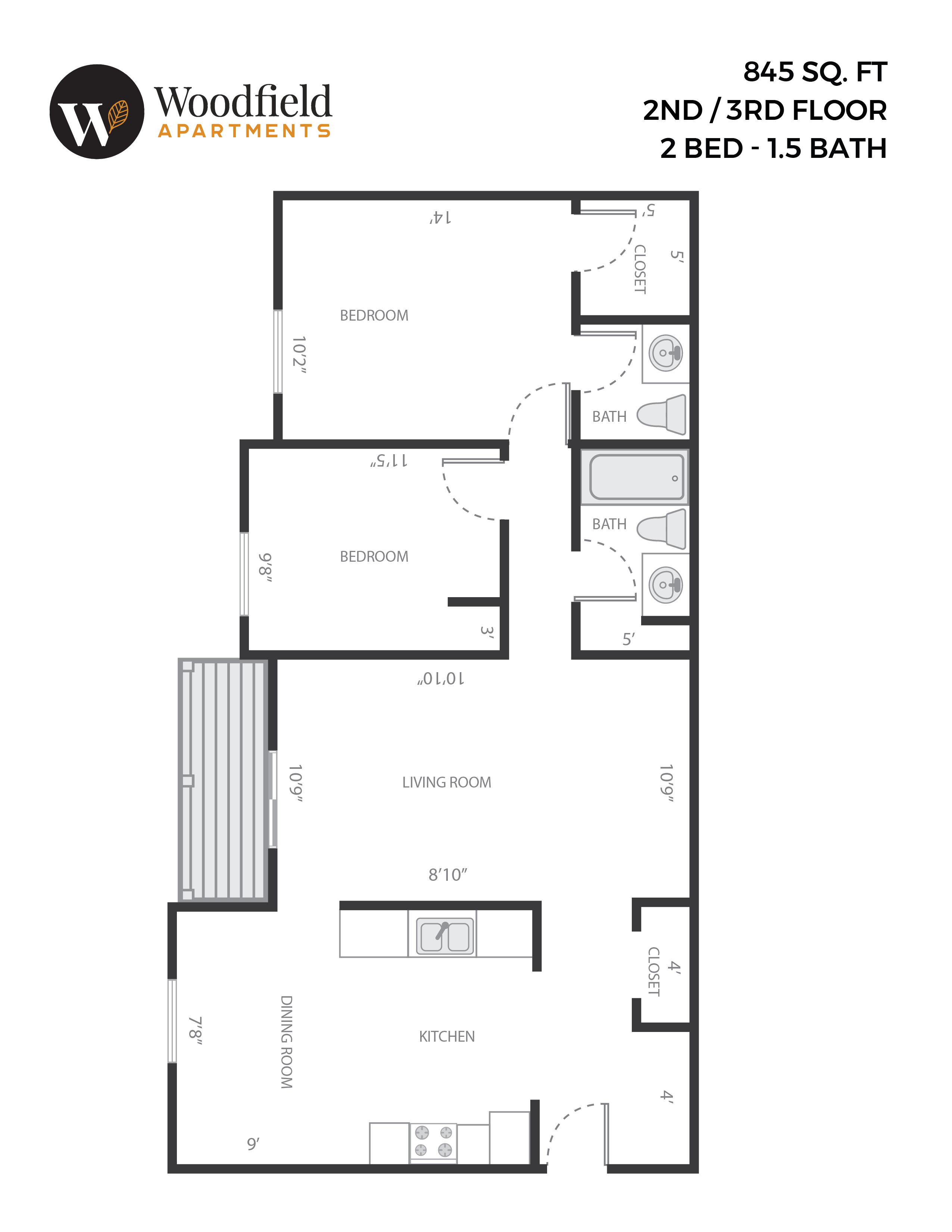 Floor plan for 2 beds, 1.5 baths, 845 sqft