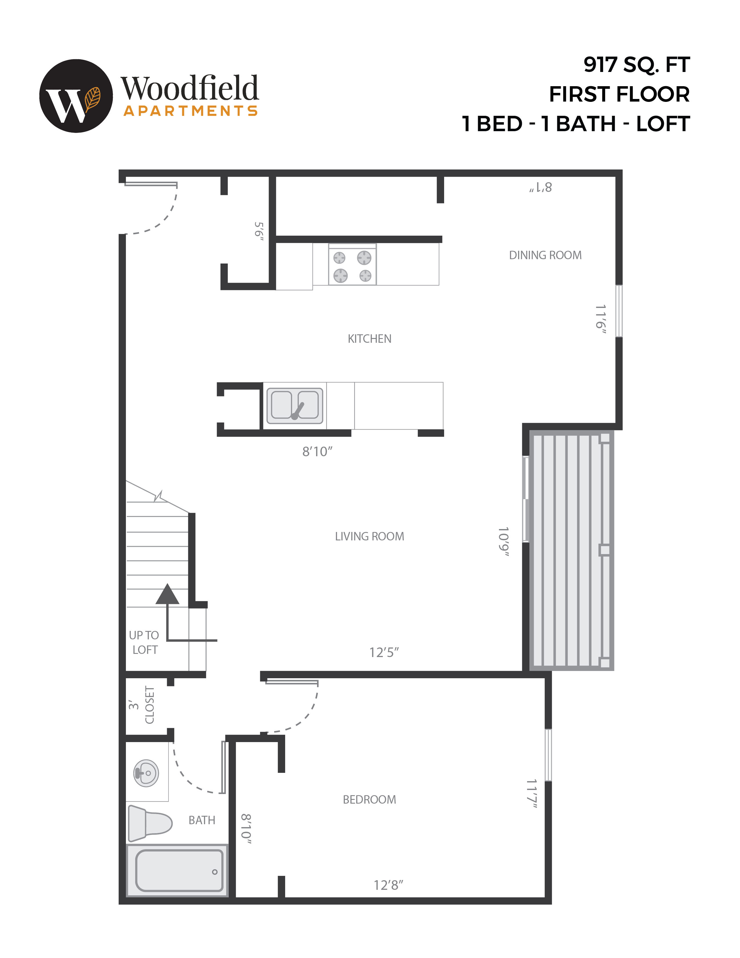 Floor plan for 1 bed, 1 bath, 917 sqft