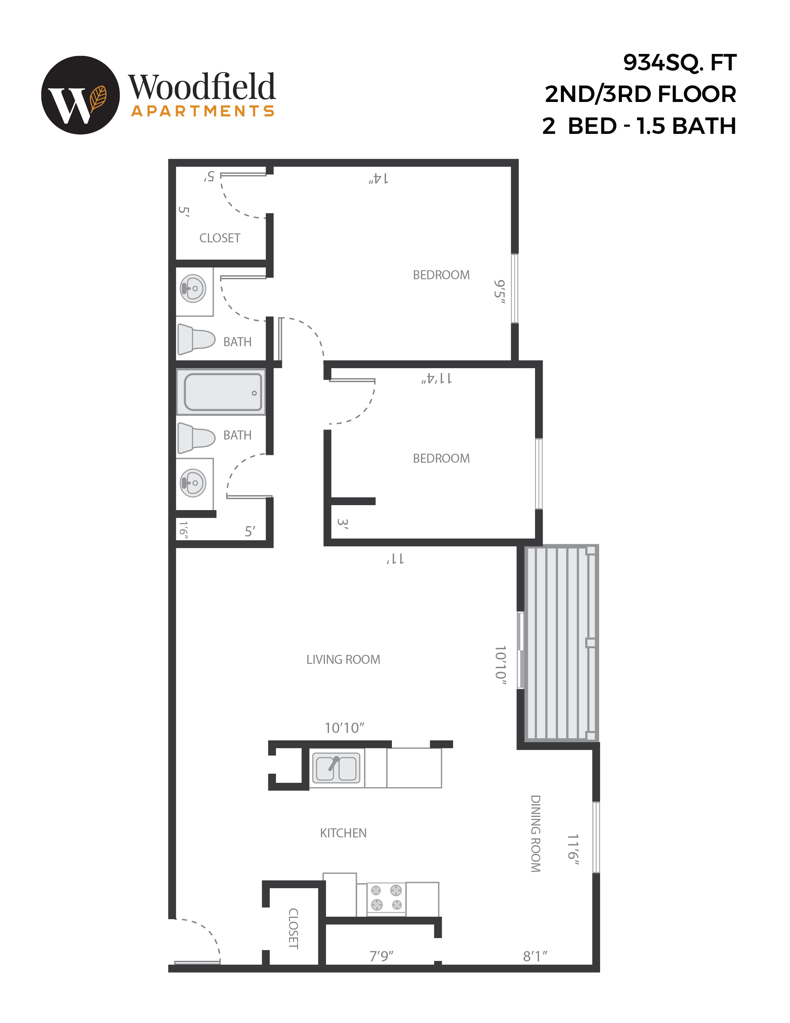 Floor plan for 2 beds, 1.5 baths, 934 sqft