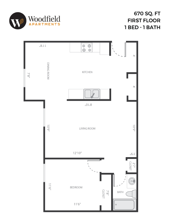 Floor plan for 1 bed, 1 bath, 670 sqft
