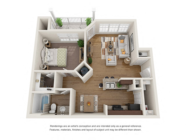 Floor plan for 1 bed, 1 bath, 740 sqft