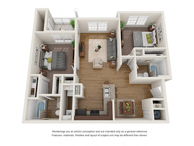 Floor plan for 2 beds, 2 baths, 970 sqft