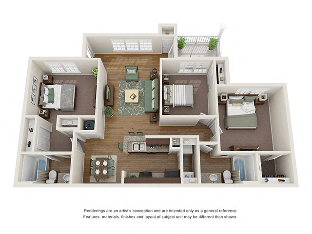 Floor plan for 3 beds, 2 baths, 1275 sqft
