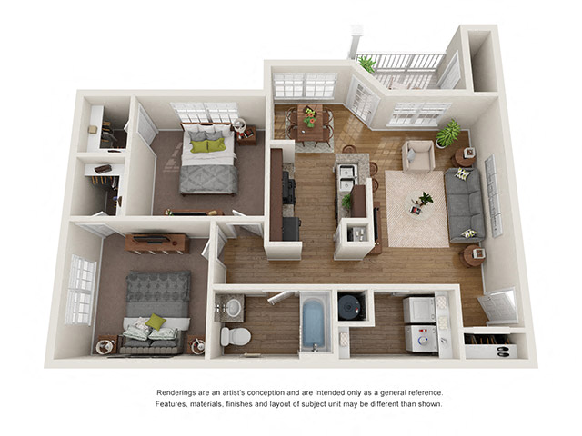 Floor plan for 2 beds, 1 bath, 970 sqft