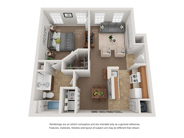 Floor plan for 1 bed, 1 bath, 689 sqft