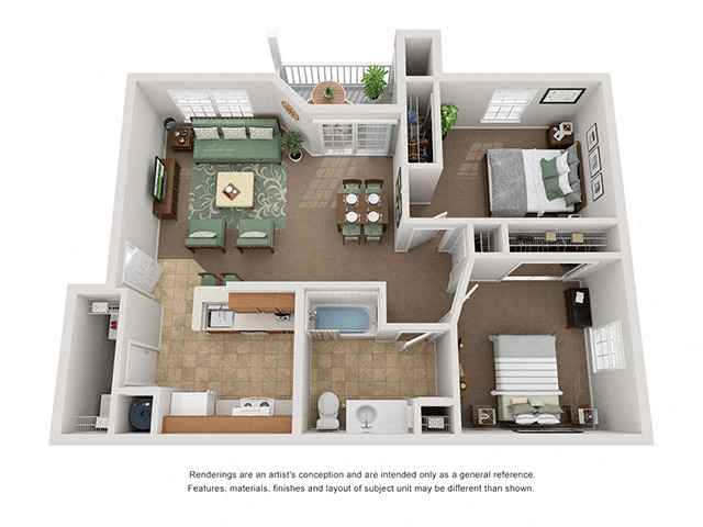 Floor plan for 2 beds, 1 bath, 847 sqft