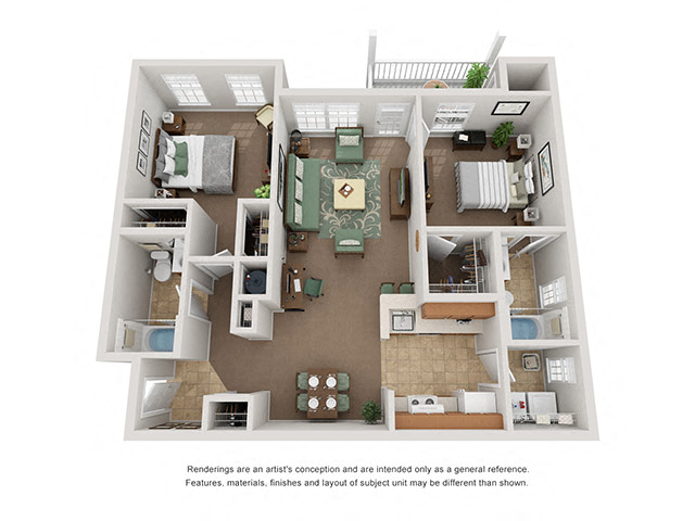 Floor plan for 2 beds, 2 baths, 989 sqft