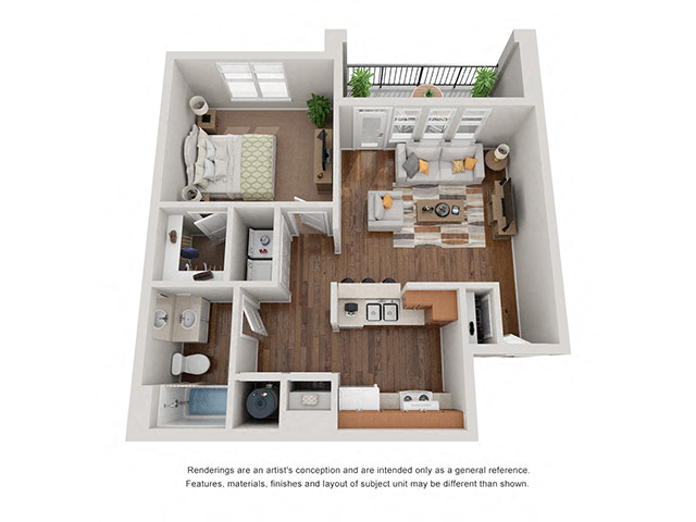 Floor plan for 1 bed, 1 bath, 708 sqft