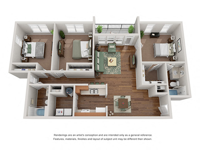 Floor plan for 3 beds, 2 baths, 1258 sqft