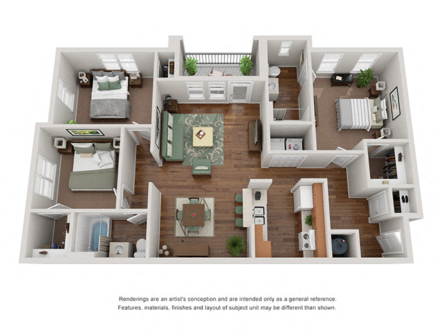 Floor plan for 3 beds, 2 baths, 1314 sqft