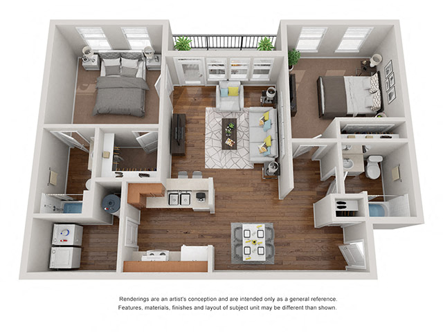 Floor plan for 2 beds, 2 baths, 1031 sqft