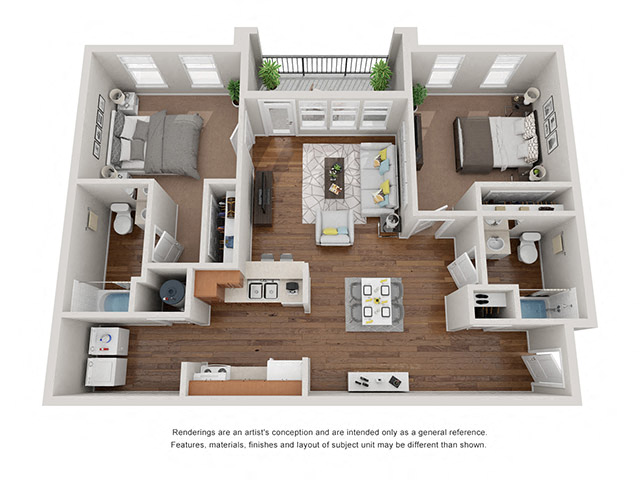 Floor plan for 2 beds, 2 baths, 1050 sqft