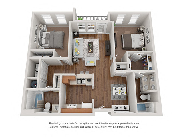 Floor plan for 2 beds, 2 baths, 1047 sqft