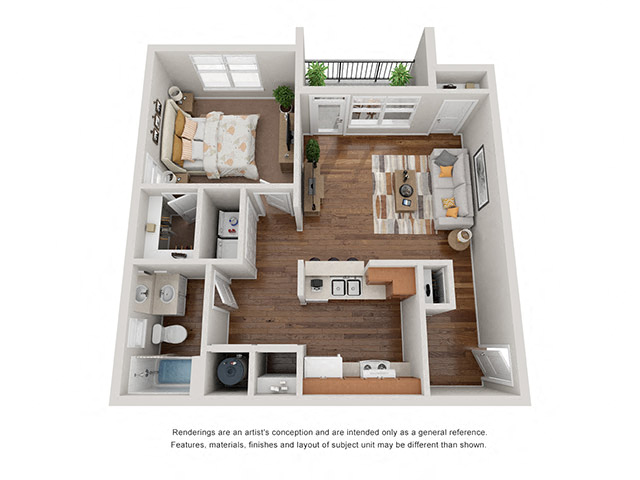 Floor plan for 1 bed, 1 bath, 742 sqft