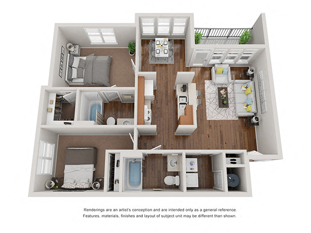 Floor plan for 2 beds, 2 baths, 1319 sqft