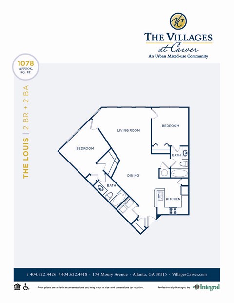 Floor plan for 2 beds, 2 baths, 1078 sqft