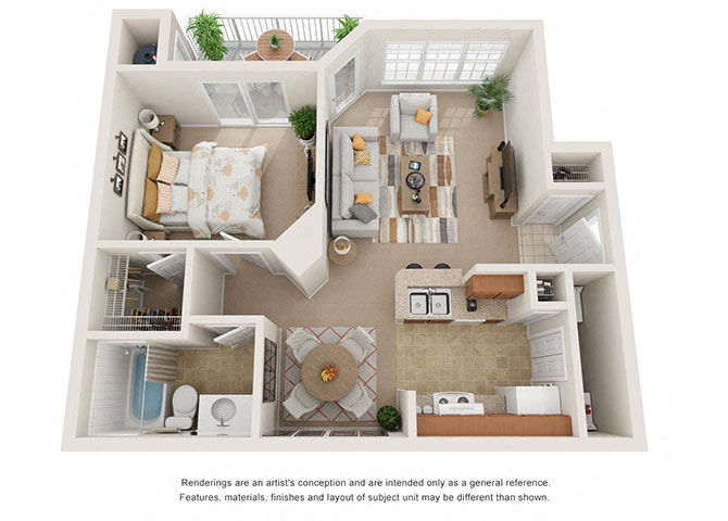 Floor plan for 1 bed, 1 bath, 750 sqft