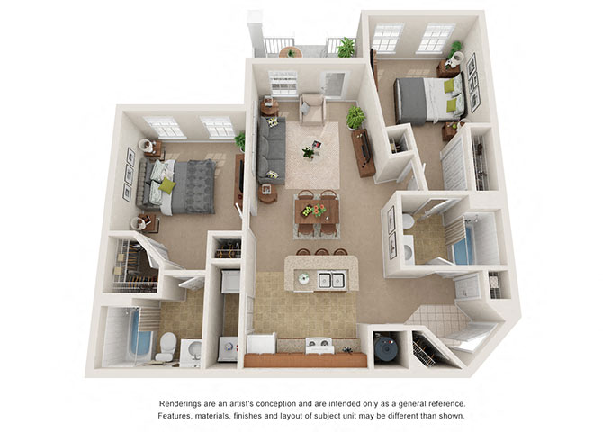Floor plan for 2 beds, 2 baths, 972 sqft