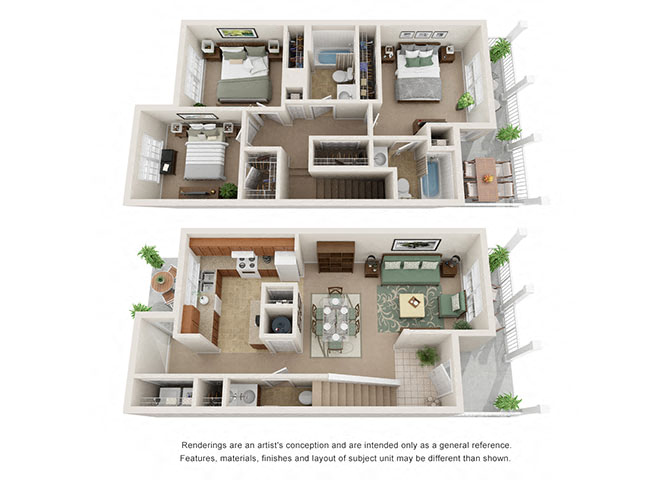 Floor plan for 3 beds, 2 baths, 1378 sqft