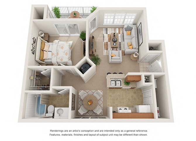 Floor plan for 1 bed, 1 bath, 740 sqft