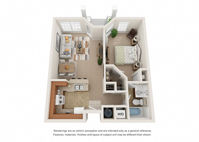 Floor plan for 1 bed, 1 bath, 698 sqft
