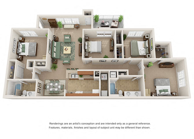 Floor plan for 4 beds, 2 baths, 1625 sqft