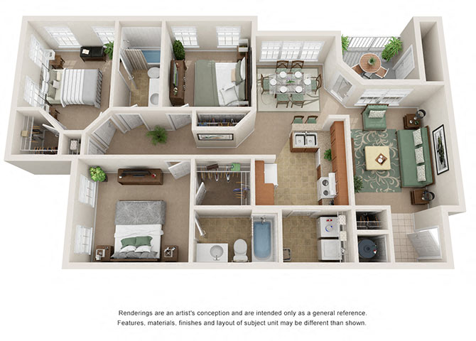 Floor plan for 3 beds, 3 baths, 1249 sqft