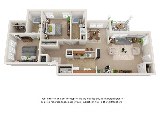 Floor plan for 2 beds, 2 baths, 1124 sqft