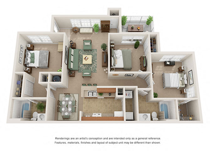 Floor plan for 3 beds, 2 baths, 1142 sqft
