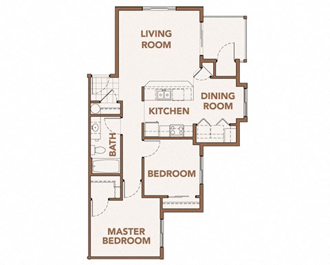 Floor plan for 2 beds, 1 bath, 879 sqft