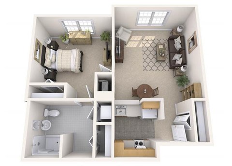 Floor plan for 1 bed, 1 bath, 657 sqft
