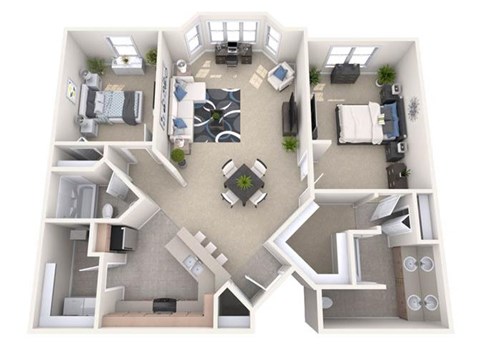 Floor plan for 2 beds, 2 baths, 1329 sqft
