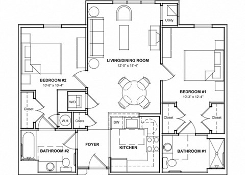 Floor plan for 2 beds, 2 baths, 1050 sqft