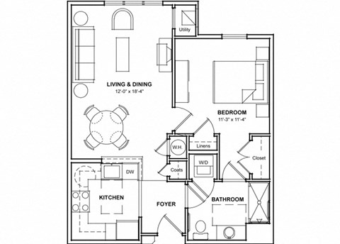 Floor plan for 1 bed, 1 bath, 657 sqft