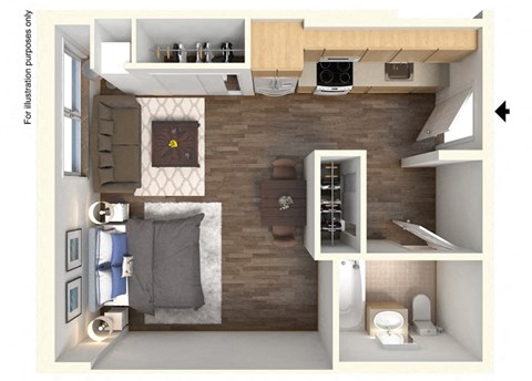 Floor plan for studio, 1 bath, 401 sqft