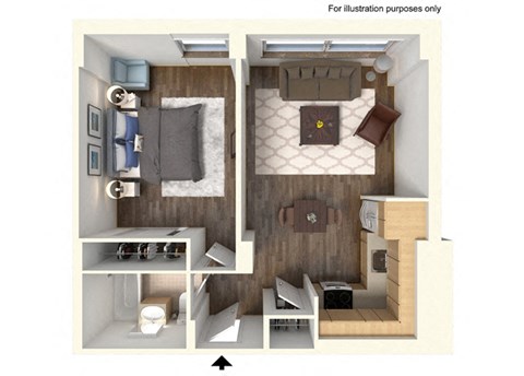 Floor plan for 1 bed, 1 bath, 544 sqft