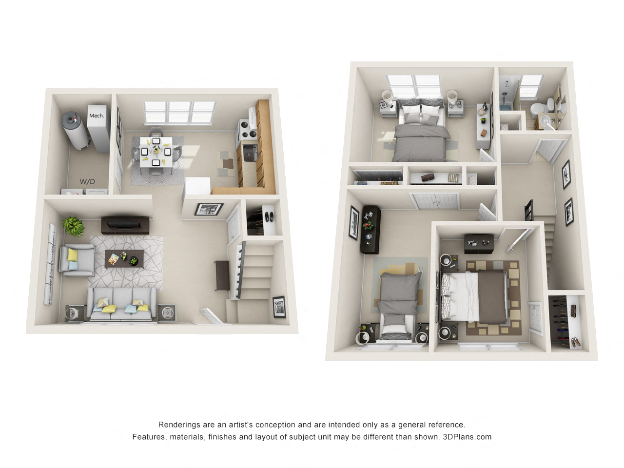 Floor plan for 3 beds, 1.5 baths, 975 sqft