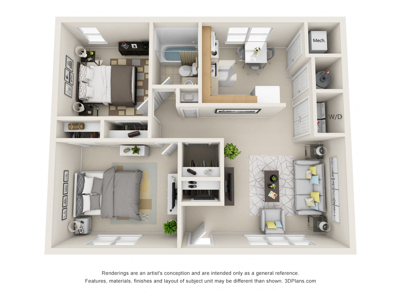 Floor plan for 2 beds, 1 bath, 875 sqft