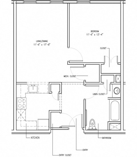 Floor plan for 1 bed, 1 bath, 698 sqft