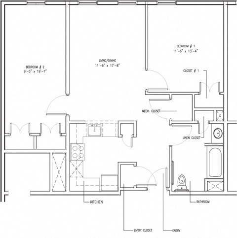 Floor plan for 2 beds, 1 bath, 931 sqft