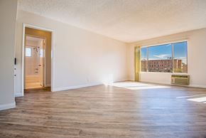 Los Angeles apartment for rent - an empty living room with a large window and wood floors