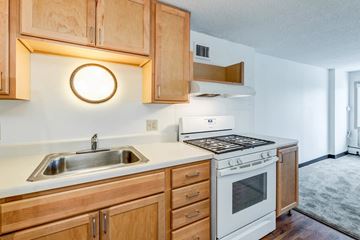 Minneapolis apartment for rent - A kitchen with wooden cabinets and a white stove top oven.