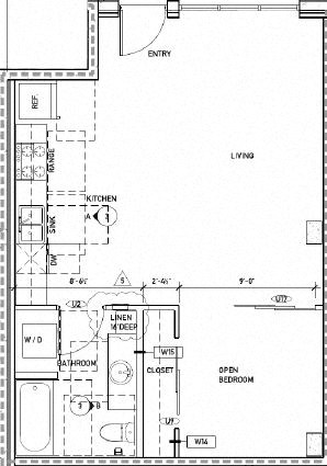 Floor plan for 1 bed, 1 bath, 857 sqft