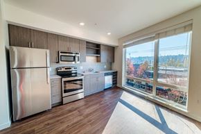 Seattle apartment for rent - a kitchen with stainless steel appliances and a large window