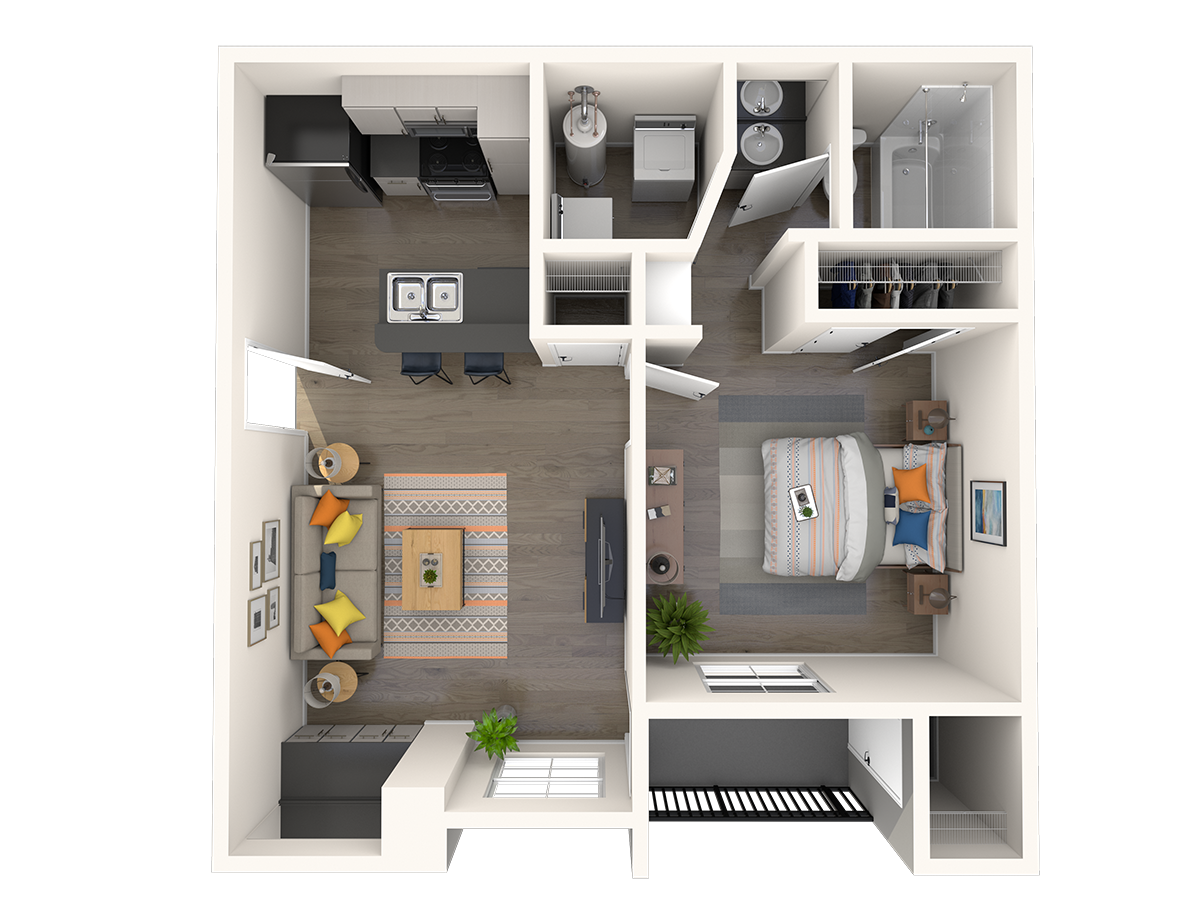 Floor plan for 1 bed, 1 bath, 527 sqft
