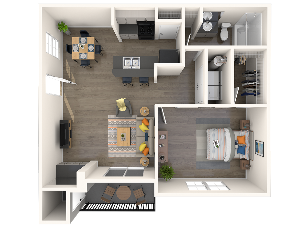Floor plan for 1 bed, 1 bath, 672 sqft